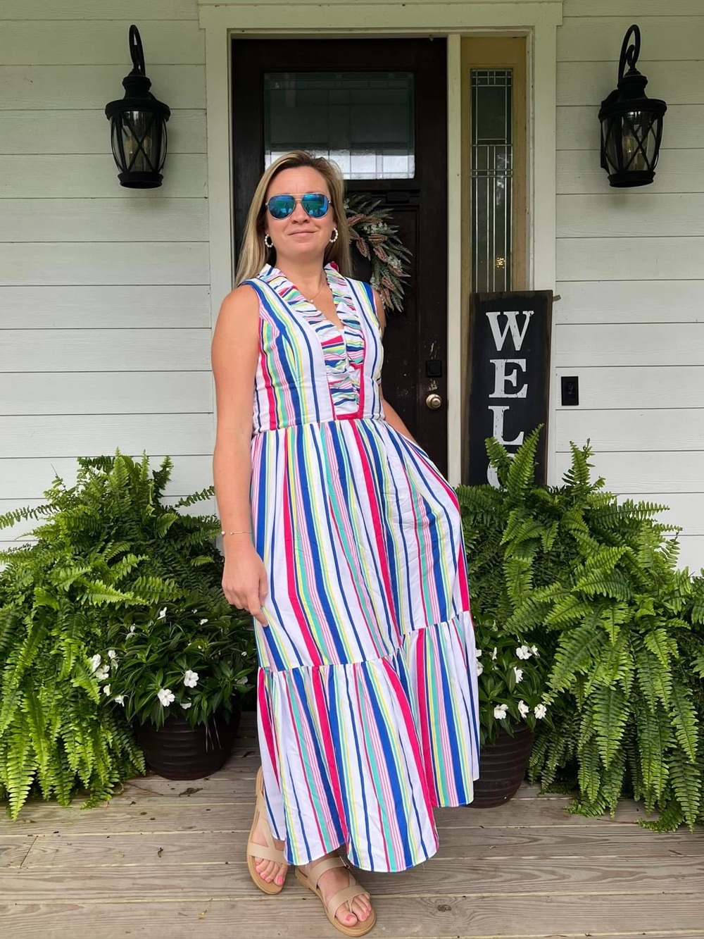 Duffield Lane Multicolor Striped Ruffle Midi Dress